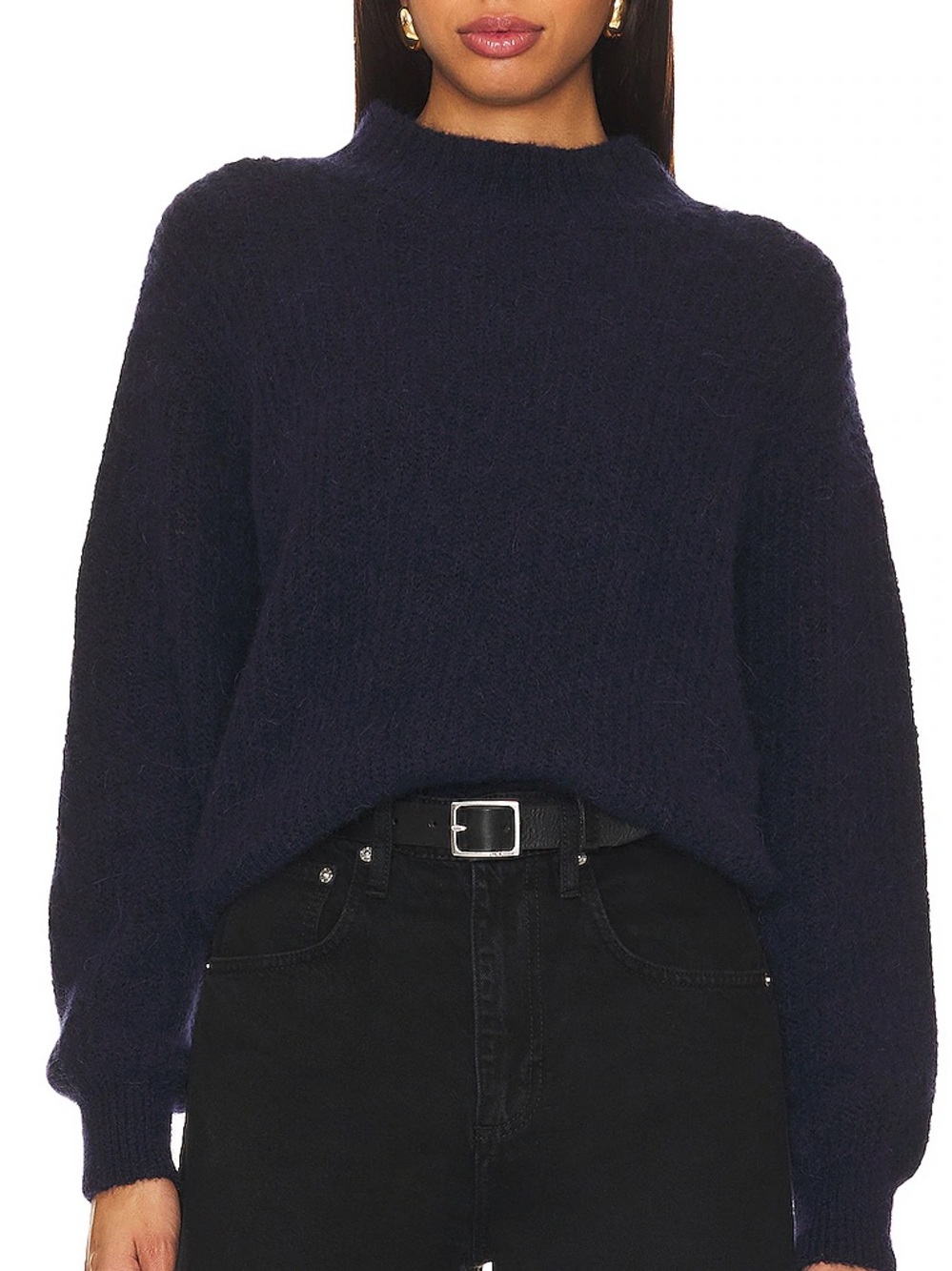 Navy Wool-Blend Sweater with Balloon Sleeves